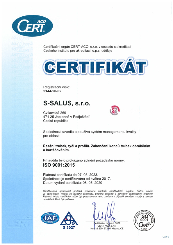 Certifikát dle ISO 9001:2015